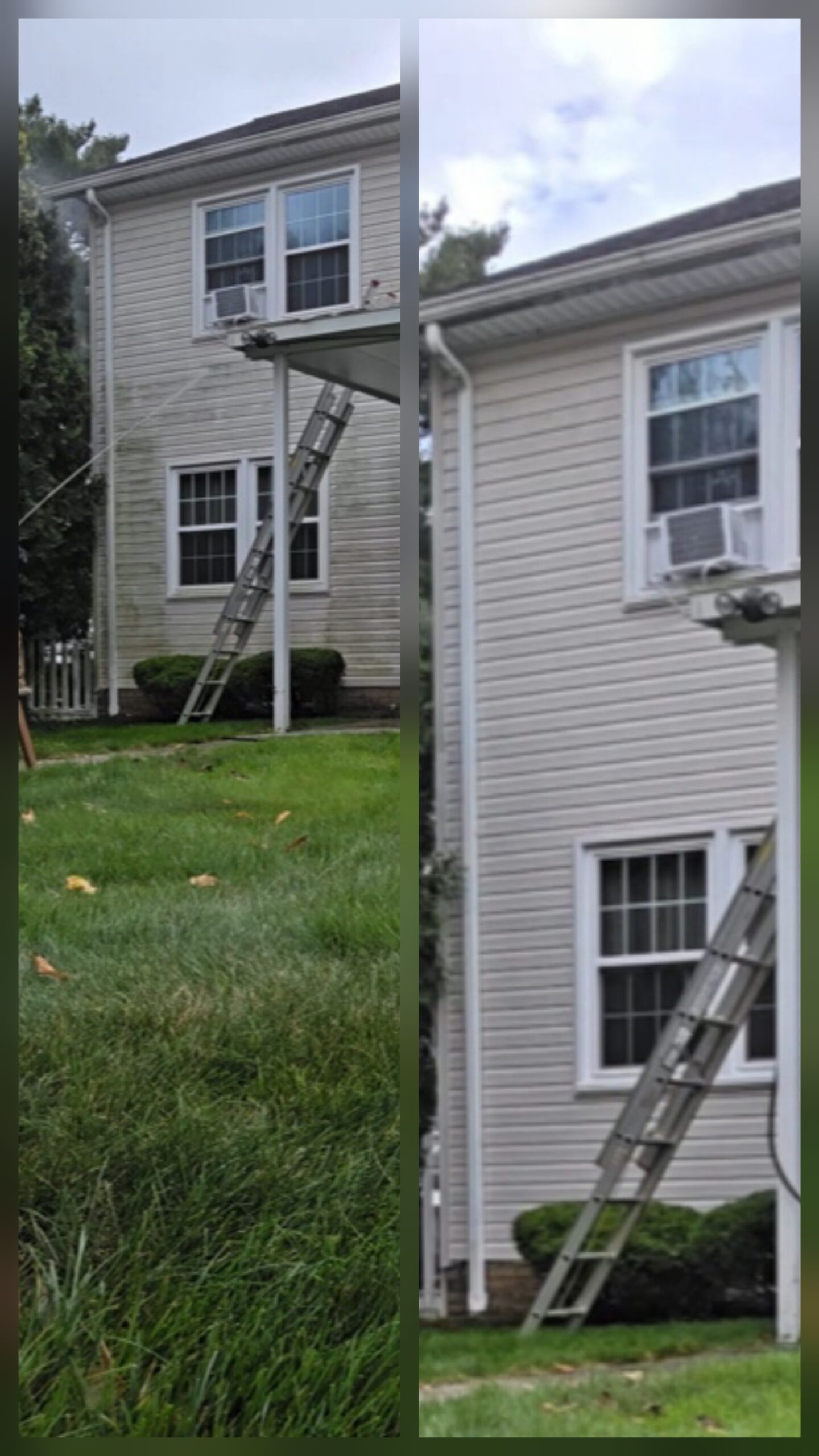 Before and after soft washing transformation on house siding